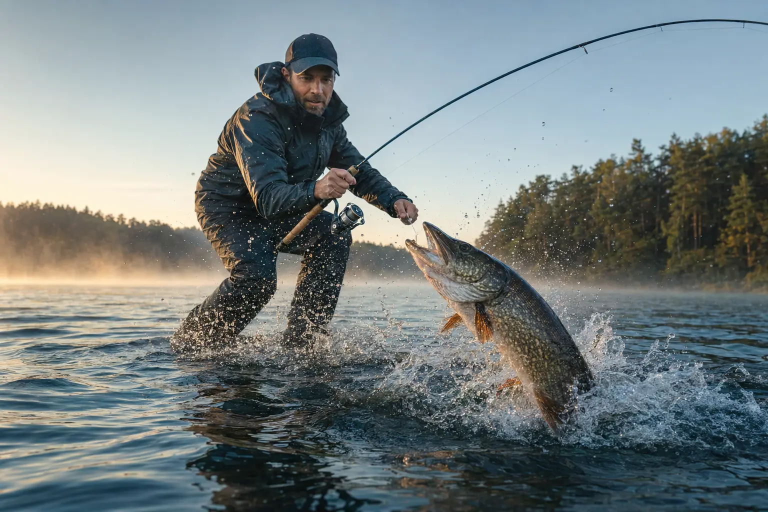 Angler landing a powerful freshwater fish at the surface