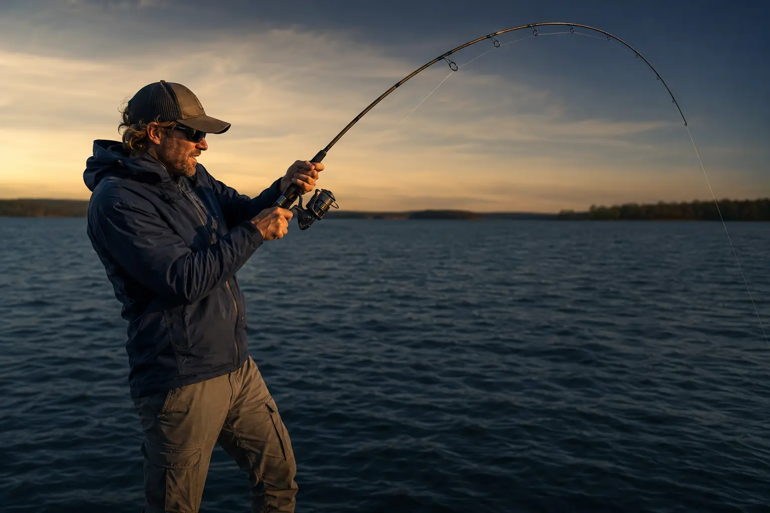 Angler reeling in a fish with the rod under tension