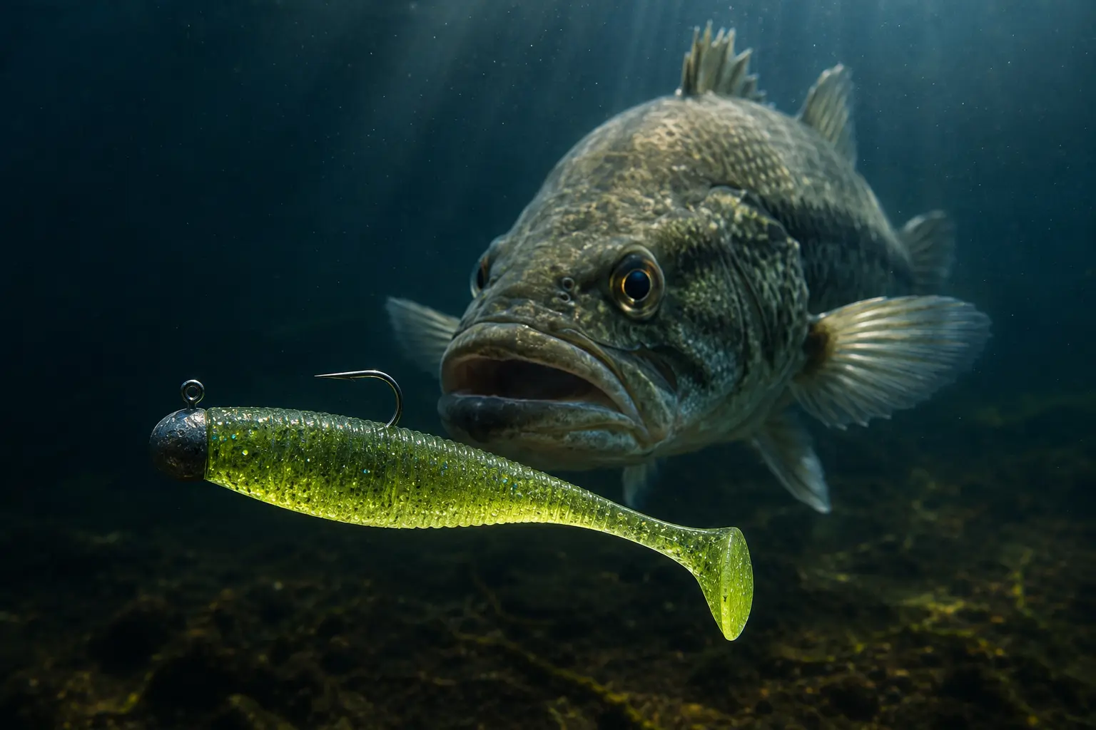 Predatory fish approaching a lime paddle-tail lure underwater